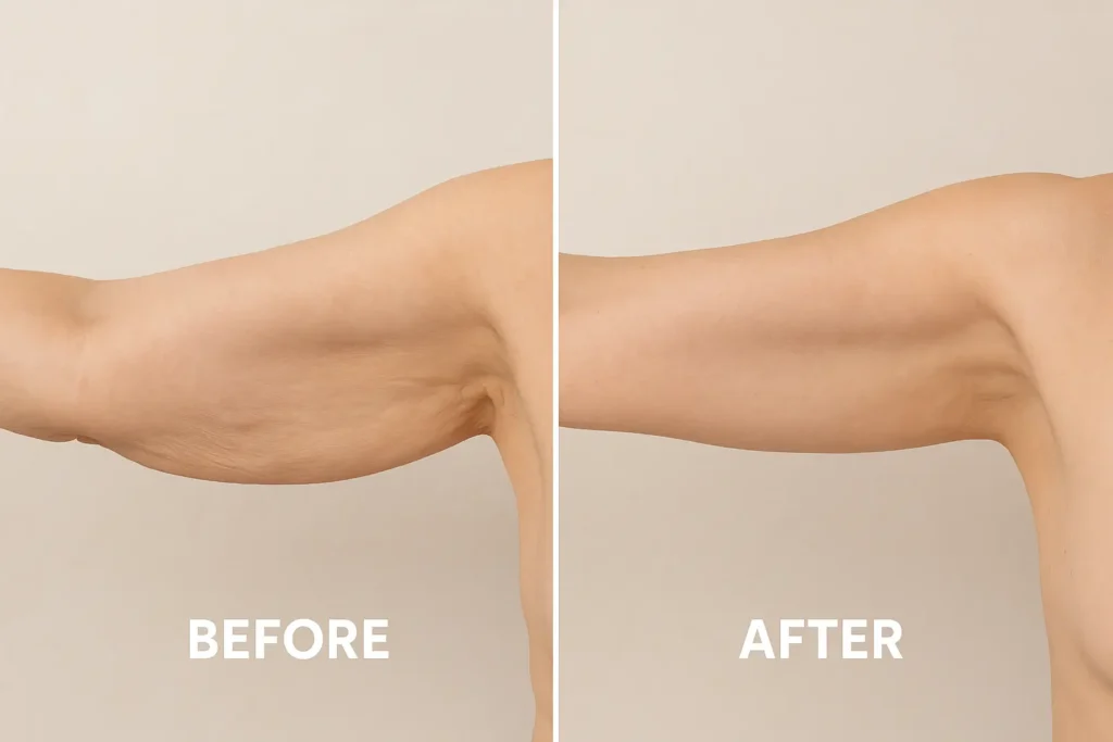 Picture of LA LIPO West Bromwich before and after results of skin tightening treatment on the upper arms.