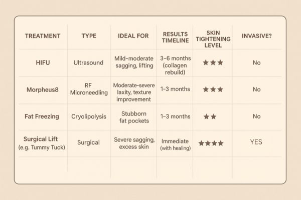 Table showing the comparisons of Skin tightening West Bromwich treatment options.
